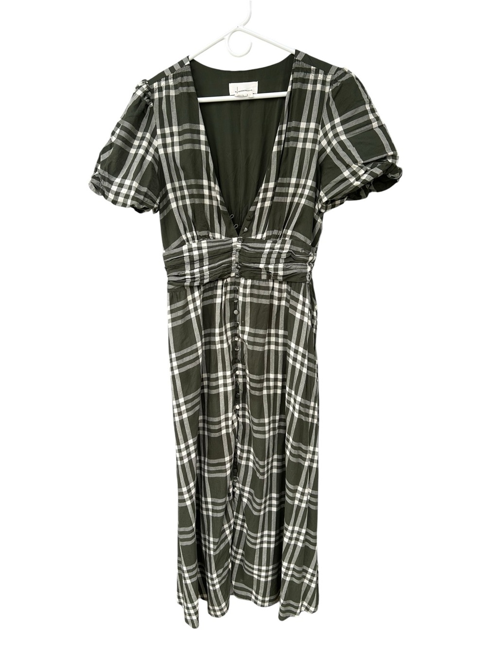 Anthropologie Katerina Button-Front Plaid Puff-Sleeve Midi Dress L - 100% Cotton - Picture 9 of 15